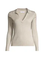 Rib-Knit Metallic Cotton V-Neck Polo Sweater