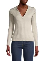 Rib-Knit Metallic Cotton V-Neck Polo Sweater