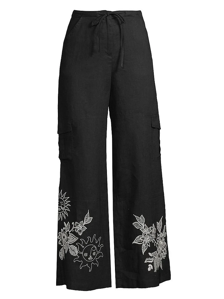 Addison Embroidered Wide-Leg Linen Pants