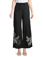 Addison Embroidered Wide-Leg Linen Pants