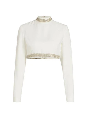 Beaded-Trim Crepe Crop Top