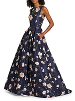 Floral Faille Sleeveless Gown