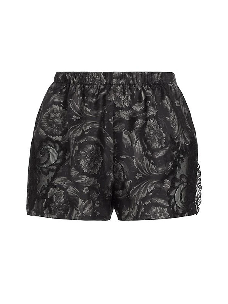 Barocco Print Silk Lace Pajama Shorts