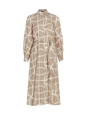 Printed Silk Collared Belted Shirtdress