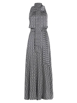 Graphic Print Silk Sleeveless Maxi Dress