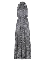 Graphic Print Silk Sleeveless Maxi Dress