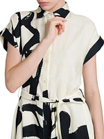 Abstract Floral Linen Belted Shirtdress