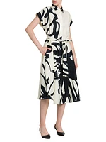 Abstract Floral Linen Belted Shirtdress