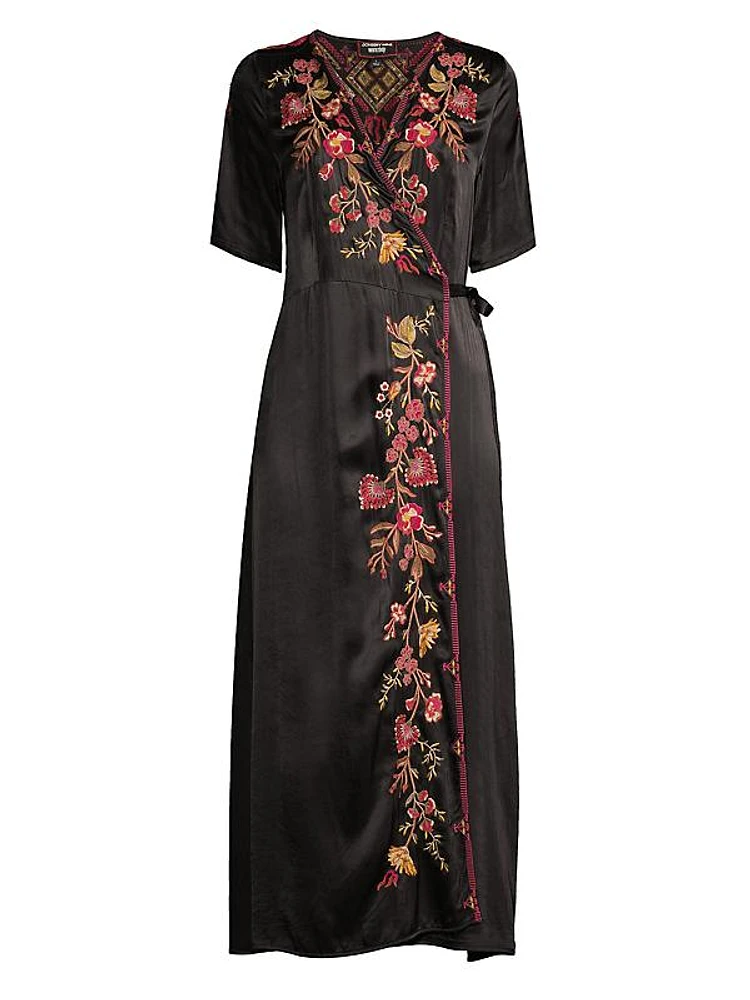 Lilith Embroidered Wrap Midi-Dress