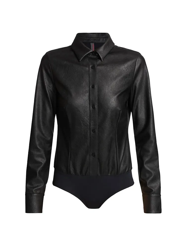 Faux Leather Shirt Bodysuit