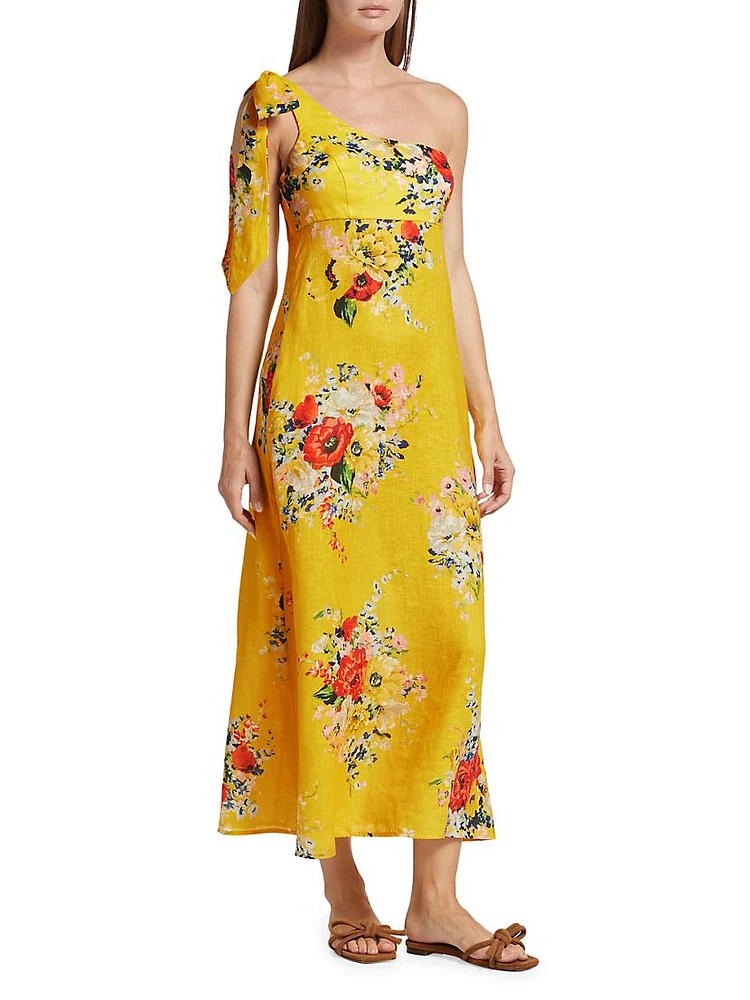 Alight Floral One-Shoulder Linen Midi-Dress