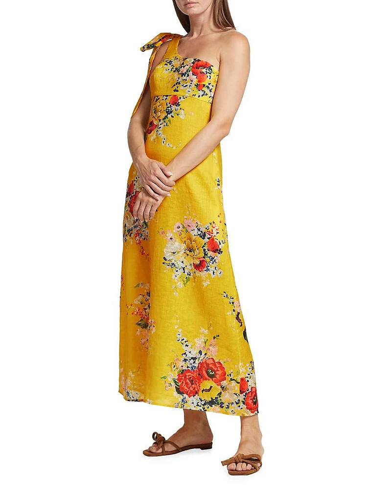 Alight Floral One-Shoulder Linen Midi-Dress