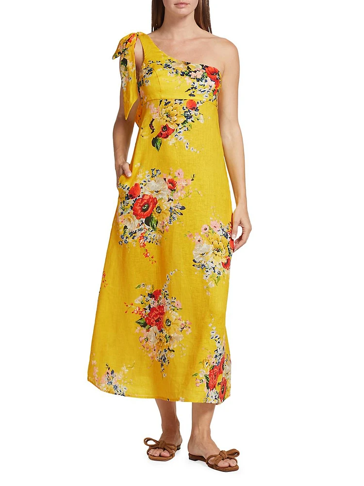 Alight Floral One-Shoulder Linen Midi-Dress