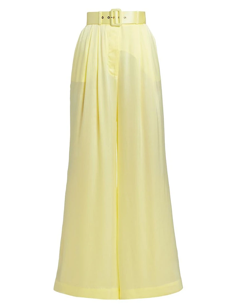 Tuck Belted Silk Wide-Leg Pants