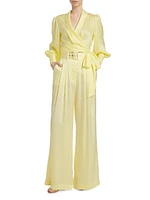 Tuck Belted Silk Wide-Leg Pants