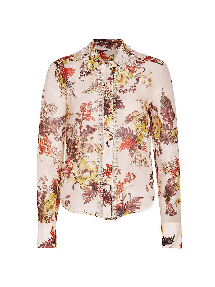 Matchmaker Tropical Embellished Linen-Silk Shirt