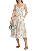 Picnic Floral Linen Midi-Dress