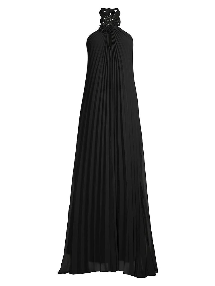 Billie Plissé Crepe Chiffon Halterneck Gown