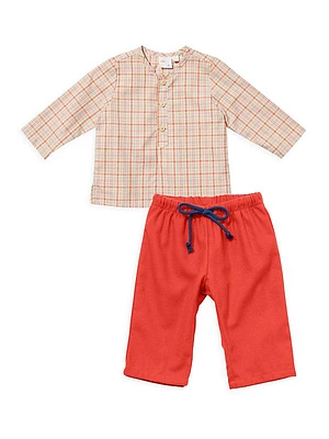 Baby's Looking Sharp Plaid Henley Top & Corduroy Pants Set