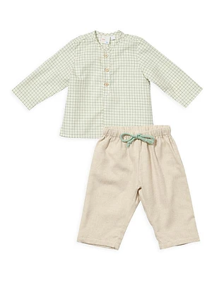 Baby's Looking Sharp Tattersall Plaid Henley Top & Corduroy Pants Set