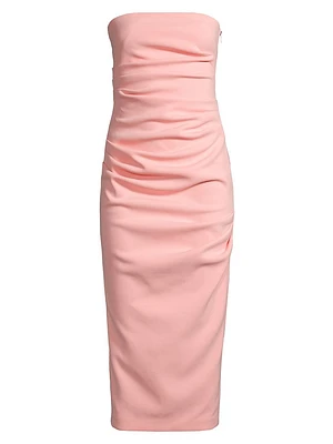 Ruched Stretch Crepe Strapless Midi-Dress