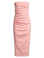 Ruched Stretch Crepe Strapless Midi-Dress