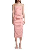 Ruched Stretch Crepe Strapless Midi-Dress