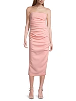 Ruched Stretch Crepe Strapless Midi-Dress