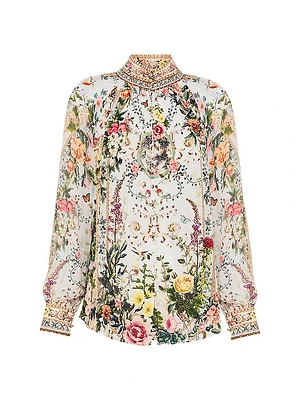 Floral Silk Raglan-Sleeve Shirt