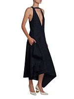 Stripe Wool-Blend Draped Midi-Dress