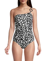 Kara Leopard One-Shoulder Ring One-Piece Swimsuit