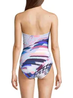 Lisa Ruched Abstract Bandeau One-Piece Swimsuit