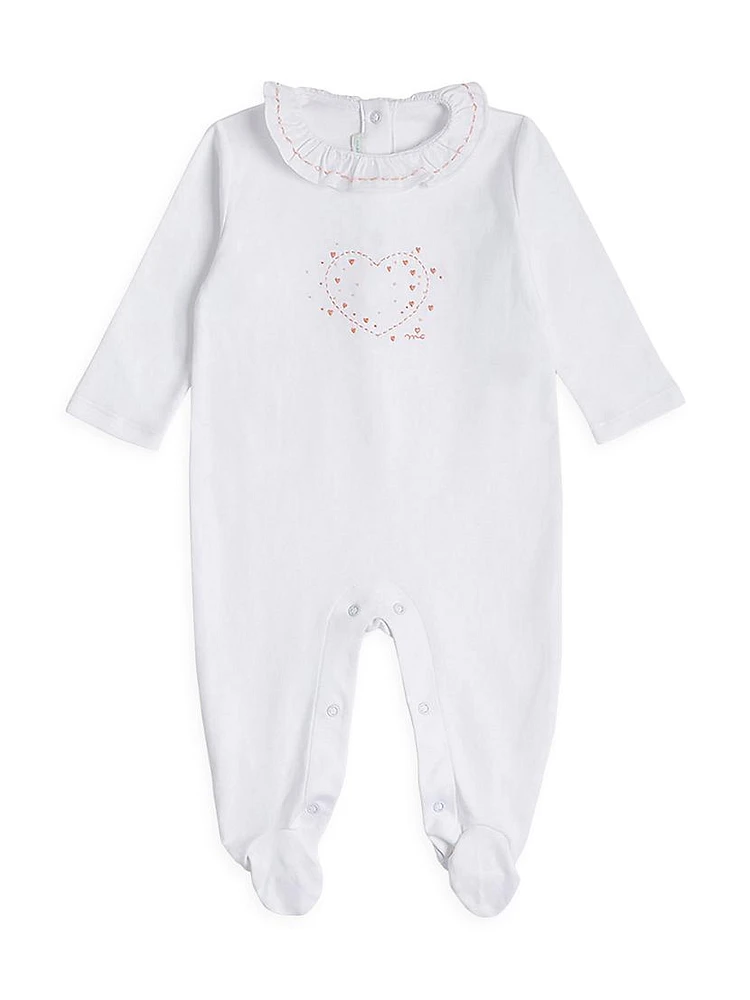 Baby Girl's Heart-Embroidered Cotton Footie