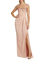 Draped Beaded Column Gown