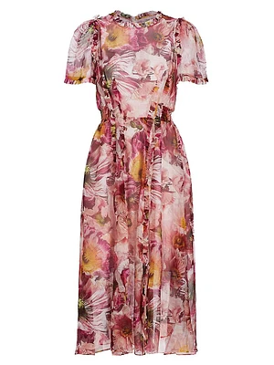 Marchesa Rosa Sedum Floral Chiffon Midi-Dress