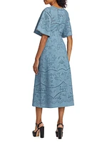 Marchesa Rosa Dhalia Embroidered Cotton Midi-Dress