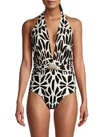 Geometric Plunge Halter One-Piece Swimsuit