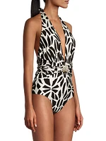 Geometric Plunge Halter One-Piece Swimsuit