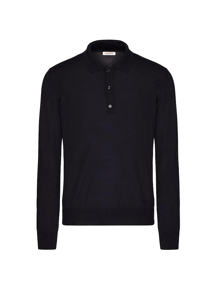 Long Sleeve Cashmere & Silk Polo Shirt With V Logo Signature Embroidery