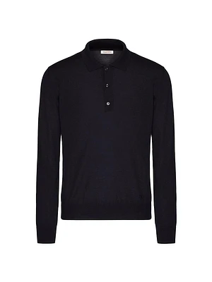 Long Sleeve Cashmere & Silk Polo Shirt With V Logo Signature Embroidery