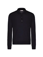 Long Sleeve Cashmere & Silk Polo Shirt With V Logo Signature Embroidery