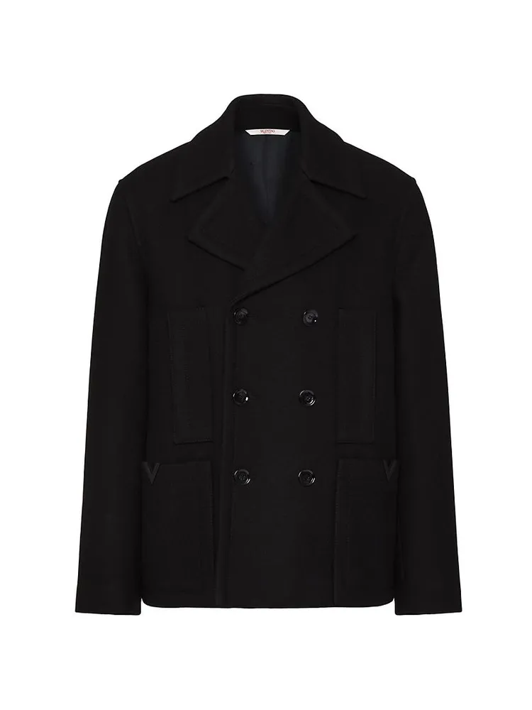 Technical Wool Cloth Peacoat With Rubberized V Detail