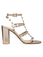 Rockstud Metallic Calfskin Leather Ankle Strap Sandals 90 MM