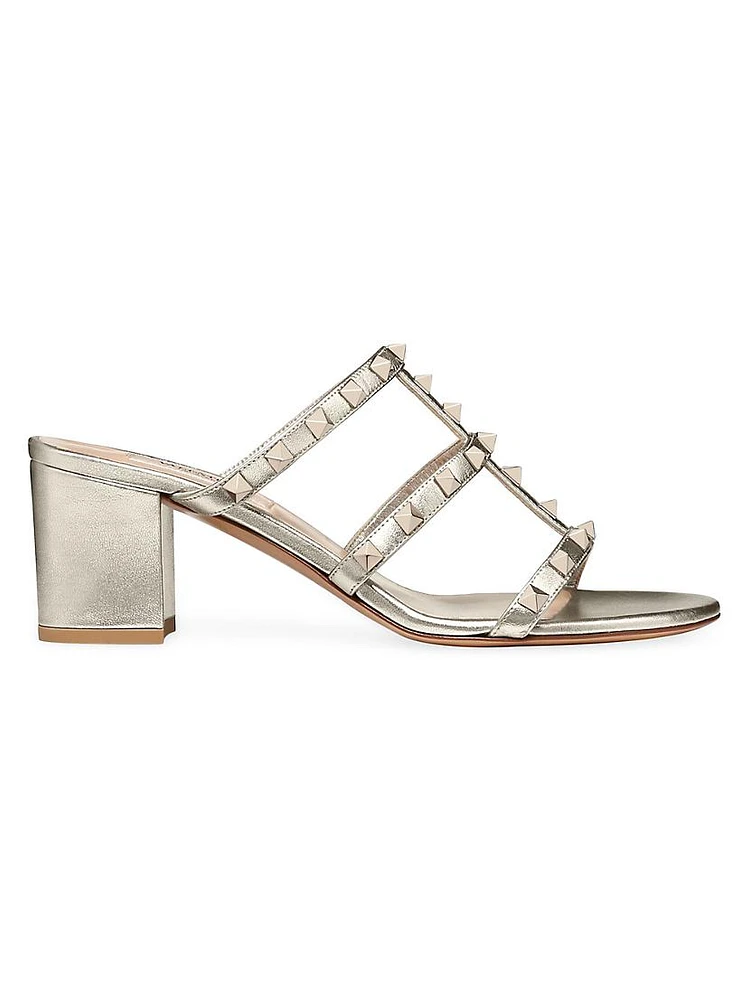 Rockstud Metallic Calfskin Leather Slide Sandals 60 MM