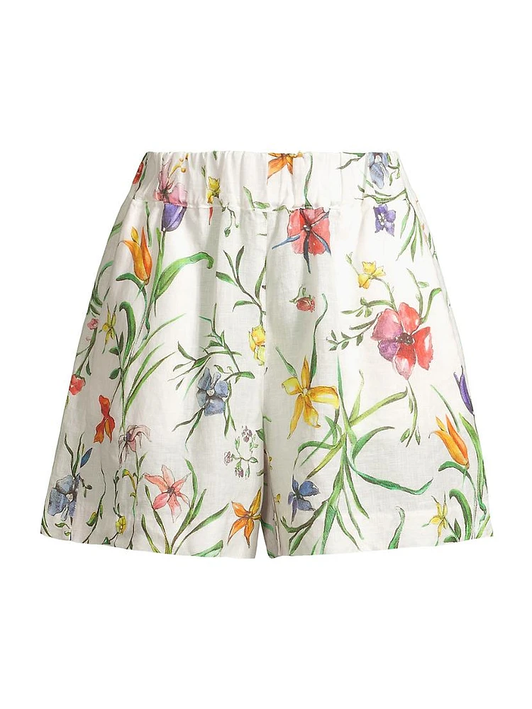 Elasticized Linen Floral Shorts