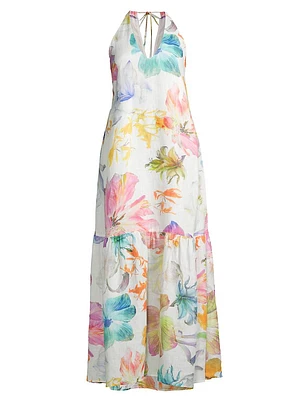 Linen Floral Halter Maxi Dress