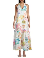 Linen Floral Halter Maxi Dress