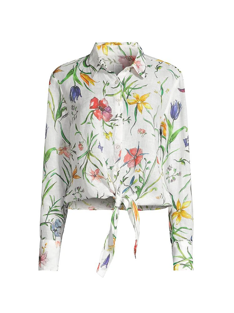 Linen Floral Tie Blouse