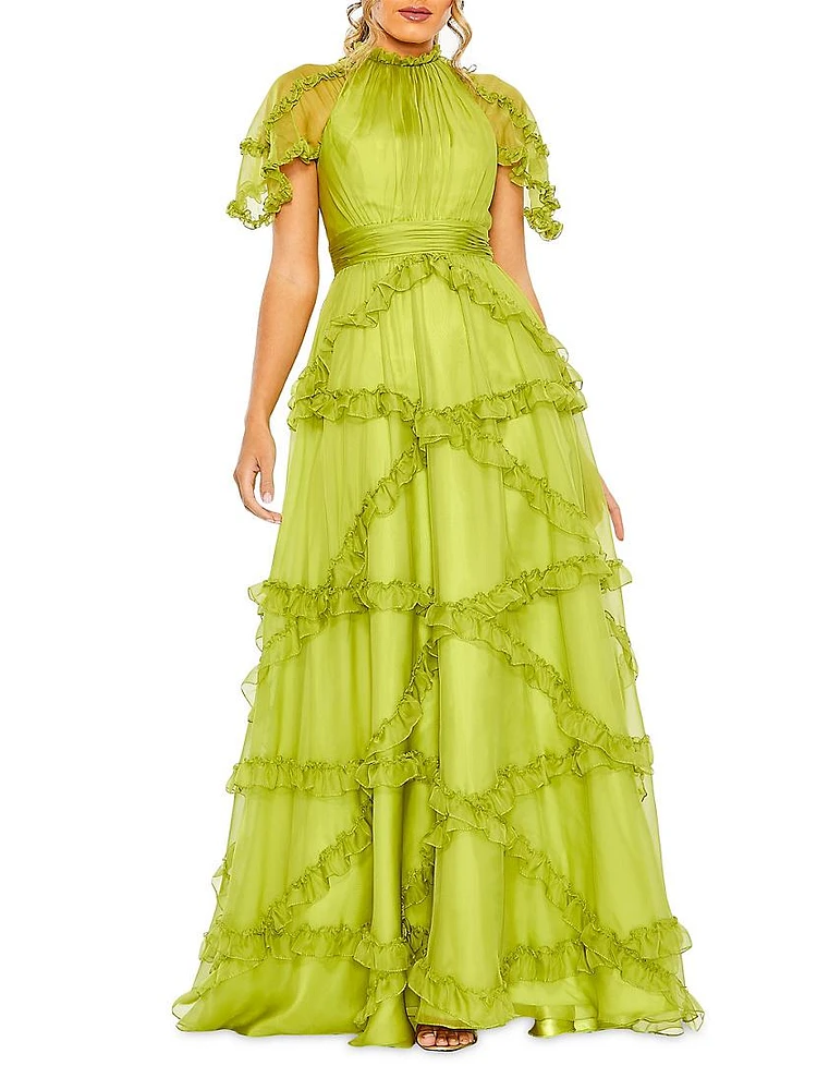 Ruffled Flutter-Sleeve Gown