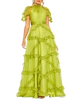 Ruffled Flutter-Sleeve Gown